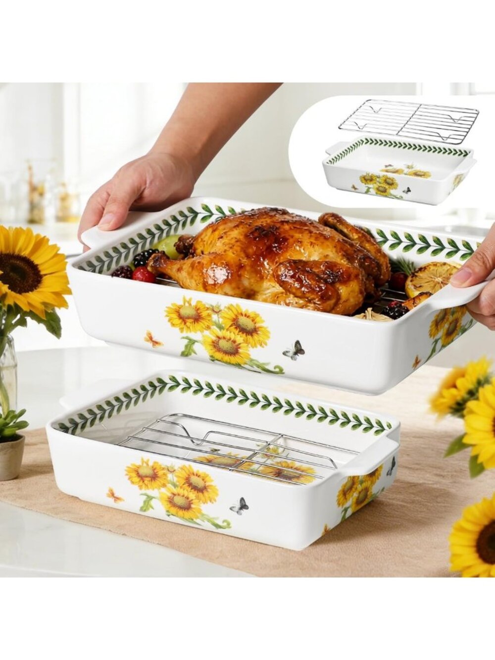 Floral Ceramic Baking Dish Set with Handles, Oven Safe Casserole & Roasting